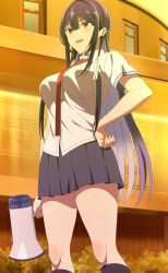 1girl absurdres anime_screenshot bare_legs between_breasts black_skirt black_socks breasts collared_shirt colored_inner_hair female_focus hair_ribbon haite_kudasai_takamine-san hand_on_own_hip highres holding holding_megaphone kneehighs long_hair megaphone multicolored_hair necktie necktie_between_breasts open_mouth pleated_skirt purple_hair red_eyes red_necktie ribbon school_uniform shirt short_sleeves skirt smile socks solo stitched takamine_takane teeth thighs third-party_edit upper_teeth_only very_long_hair white_ribbon white_shirt