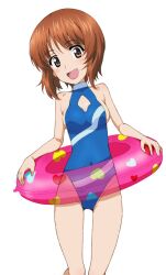 1girl blue_one-piece_swimsuit breasts brown_eyes brown_hair casual_one-piece_swimsuit cleavage_cutout clothing_cutout commission cosplay covered_navel feet_out_of_frame girls_und_panzer highleg highleg_one-piece_swimsuit highres kayabakoro medium_breasts nishizumi_miho one-piece_swimsuit pink_innertube pixiv_commission reizei_mako reizei_mako_(cosplay) short_hair simple_background sleeveless sleeveless_turtleneck smile solo striped_clothes striped_one-piece_swimsuit swimsuit turtleneck turtleneck_one-piece_swimsuit white_background