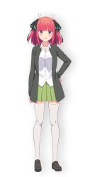 1girl black_jacket black_shoes blue_eyes blush breasts butterfly_wings collar collarbone completely_nude dot_nose female_focus go-toubun_no_hanayome green_skirt hand_on_own_hip highres insect_wings jacket kneehighs large_breasts legs long_sleeves looking_at_viewer miniskirt nakano_nino nude official_art open_mouth pleated_skirt red_hair scan school_uniform shirt shoes short_hair simple_background skirt smile socks solo solo_focus thighhighs thighs twintails white_shirt white_thighhighs wings zettai_ryouiki
