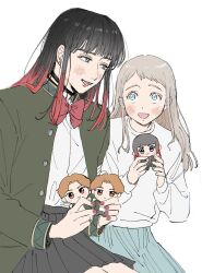 1girl 3boys angry black_choker black_hair black_pants black_skirt blue_eyes blue_skirt blush bowtie chibi choker furious green_eyes green_jacket hands_up jacket long_hair long_sleeves looking_at_another makeup multiple_boys narita_shizuka orange_hair pants red_bow red_bowtie red_hair sakaki_seiryuu sakaki_uryuu shirt siblings simple_background sitting skirt smile stuffed_toy tsubakino_tasuku twins very_long_hair white_background white_hair white_shirt wind_breaker_(nii_satoru)