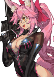 1girl animal_ear_fluff animal_ears black_bodysuit bodysuit breasts cleavage eyewear_strap fate/grand_order fate_(series) finger_on_trigger fox_ears glasses gun hair_ribbon holding holding_gun holding_weapon hungry_clicker koyanskaya_(fate) long_hair pink_hair ponytail red_ribbon ribbon solo tamamo_(fate) very_long_hair weapon zipper