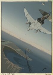 ace_combat ace_combat_04 aircraft airplane bomber border commentary_request contrail day f-4_phantom_ii fighter_jet fire flying highres military military_vehicle mobius_1 no_humans ocean outdoors sky smoke smoke_trail tu-95 vehicle_focus yuukou