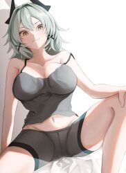 1girl absurdres bare_arms breasts caesar_king_(zenless_zone_zero) camisole collarbone commentary_request double-parted_bangs green_hair grey_camisole grey_shorts hair_intakes hair_ornament hand_on_own_knee highres large_breasts looking_at_viewer navel ohal parted_lips shorts sitting smile solo spaghetti_strap stomach strap_slip x_hair_ornament yellow_eyes zenless_zone_zero