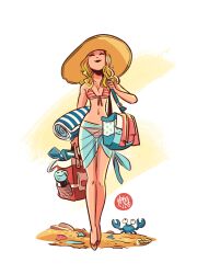 1girl artist_name beach bikini blonde_hair breasts cleavage closed_eyes crab dated front-tie_bikini_top front-tie_top full_body hat highres long_hair medium_breasts mikemaihack original sarong simple_background solo starfish striped_bikini striped_clothes swimsuit thigh_gap white_background