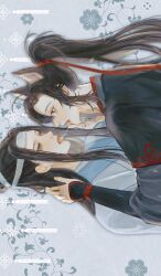 2boys after_kiss ahoge animal_ears bishounen black_hair black_hanfu blush chinese_clothes eye_contact eyelashes floral_background fox_boy fox_ears hair_ribbon hand_on_another&#039;s_face hand_on_another&#039;s_neck hanfu headband high_ponytail highres kemonomimi_mode lan_wangji long_hair long_sleeves looking_at_another male_focus modao_zushi multiple_boys ojisan_rbt open_mouth ponytail profile purple_eyes red_ribbon ribbon robe saliva saliva_trail sidelocks sideways sleeves_past_wrists tongue tongue_out topknot upper_body wei_wuxian white_hanfu white_headband yaoi yellow_eyes