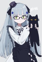 1girl absurdres aged_down animal apron bespectacled black-framed_eyewear black_apron black_cat black_hairband black_hat blue_hair bow bowtie cat character_name checkered_bow checkered_bowtie checkered_clothes closed_mouth collared_shirt commentary cross_hair_ornament frown girls&#039;_frontline glasses green_eyes grey_background hair_ornament hairband hands_up hat highres hk416_(black_kitty&#039;s_gift)_(girls&#039;_frontline) hk416_(girls&#039;_frontline) holding holding_animal long_hair long_sleeves looking_at_viewer mini_hat mini_top_hat papaia_(quentingqoo) semi-rimless_eyewear shirt simple_background skirt solo top_hat twintails under-rim_eyewear white_shirt white_skirt