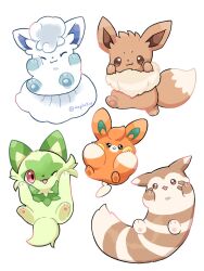Rule 34 | :3, ;3, ^ ^, alolan form, alolan vulpix, animal focus, closed eyes, commentary request, eevee, furret, gen 1 pokemon, gen 2 pokemon, gen 7 pokemon, hands on own cheeks, hands on own face, kana (maple926), looking at viewer, nintendo, no humans, one eye closed, pawmi, pink eyes, pokemon, pokemon (creature), simple background, sprigatito, twitter username, v-shaped eyebrows, white background