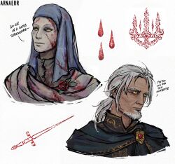 Rule 34 | 2boys, arnaerr, artist name, blood, blood drip, blood on clothes, blood on mask, commentary, cropped head, elden ring, elden ring: shadow of the erdtree, english commentary, facial hair, flower, goatee, grey hair, male focus, mask, multiple boys, no headwear, old, old man, ponytail, red flower, red rose, rose, sideways glance, simple background, sir ansbach, white-faced varre, white background, white mask, yellow eyes