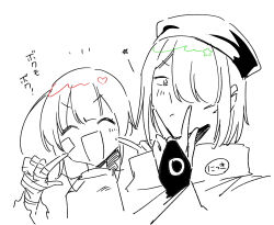 1boy 1girl :d ^_^ bandaged_hand bandages bridal_gauntlets character_request check_character closed_eyes etrian_odyssey facing_viewer hair_over_one_eye hat highres jacket monk_(sekaiju) monk_4_(sekaiju) monochrome nikki_kyousuke open_mouth simple_background smile spot_color star_(symbol) translation_request upper_body v-shaped_eyebrows white_background zodiac_(sekaiju) zodiac_3_(sekaiju)