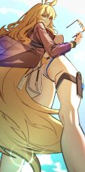 Rule 34 | 1girl, absurdres, animal ears, arknights, blonde hair, blue sky, from below, highres, holding, holding removed eyewear, horse ears, horse girl, horse tail, jacket, kimo suna, long hair, looking at viewer, looking down, nearl (arknights), nearl (shimmering dew) (arknights), one-piece swimsuit, orange eyes, purple jacket, sky, smile, solo, swimsuit, tail, thigh strap, unworn eyewear, white one-piece swimsuit