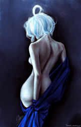 1girl ahoge back bekus blue_robe breasts commentary english_commentary facing_away from_behind furina_(genshin_impact) genshin_impact highres median_furrow multicolored_hair nude robe short_hair sideboob signature simple_background solo streaked_hair tagme