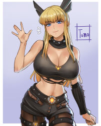 1girl alternate_breast_size artist_name blonde_hair blue_eyes breasts bursting_breasts cleavage cleavage_cutout clothing_cutout commentary_request crop_top highres holding large_breasts long_hair looking_at_viewer magik_(x-men) marvel marvel_rivals midriff navel short_shorts shorts solo tomo_eokaiteru weapon x-men