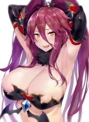 1girl armpits arms_up blush breasts cleavage cygames dragalia_lost elbow_gloves fang female_focus gloves heart heart-shaped_pupils highres horns kurowa long_hair mym_(dragalia_lost) nintendo open_mouth red_hair skin_fang solo sweat symbol-shaped_pupils tiara yellow_eyes