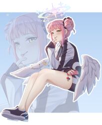 1girl a_bao absurdres black_track_suit blue_archive blue_background breasts cellphone double_bun feathered_wings gym_shorts gym_uniform hair_bun halo highres holding holding_phone jacket large_breasts long_sleeves low_wings mika_(blue_archive) mika_(track)_(blue_archive) official_alternate_costume official_alternate_hairstyle phone pink_hair pink_halo shoes shorts smartphone smile sneakers tongue tongue_out track_jacket track_suit turtleneck turtleneck_jacket white_wings wing_ornament wings yellow_eyes zoom_layer