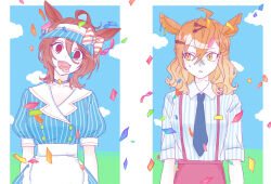 2girls absurdres agnes_tachyon_(umamusume) ahoge animal_ears apron black_necktie blue_dress blue_hat blue_sky bow brown_hair cloud collared_shirt confetti diagonal-striped_bow dress hair_between_eyes hat head_tilt highres horse_ears jungle_pocket_(umamusume) mesmerizer_(vocaloid) multiple_girls necktie open_mouth orange_eyes pants parted_lips puffy_short_sleeves puffy_sleeves red_eyes red_pants seila_rei sharp_teeth shirt short_sleeves sky striped_clothes striped_dress striped_headwear striped_shirt suspenders teeth tongue tongue_out turn_pale umamusume vertical-striped_clothes vertical-striped_dress vertical-striped_headwear vertical-striped_shirt visor_cap waist_apron white_apron