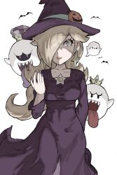 1girl bat_(animal) blonde_hair boo_(mario) breasts commentary_request crown dress earrings hair_over_one_eye halloween_costume hat highres jewelry king_boo long_dress long_hair looking_at_viewer luigi&#039;s_mansion mario_(series) mario_kart mario_kart_tour medium_breasts nintendo purple_dress purple_nails rosalina rosalina_(halloween) simple_background solo star_(symbol) star_earrings toggy_keiichi white_background witch_hat