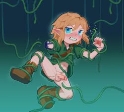 amputee blue_eyes boots bottomless brown_boots brown_hair clenched_teeth commentary commission crybleat english_commentary full_body green_shirt highres link male_focus navel nintendo parted_lips penis plant pointy_ears shirt short_hair short_sleeves shota spread_legs teeth tentacles testicles the_legend_of_zelda the_legend_of_zelda:_tears_of_the_kingdom uncensored v-shaped_eyebrows variant_set vines