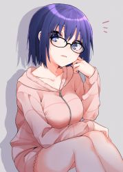 Rule 34 | 1girl, black-framed eyewear, blue eyes, blue hair, blush, breasts, ciel (tsukihime), collarbone, commentary request, full-length zipper, glasses, grey background, hair between eyes, highres, hood, hood down, hooded sweater, long sleeves, looking at viewer, medium breasts, parted lips, pink sweater, shadow, short hair, sitting, solo, sweater, tanka kikurage, thighs, tsukihime, tsukihime (remake), zipper