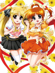 2girls black_ribbon black_skirt blonde_hair blue_eyes fate_testarossa full_body hair_ribbon hands_up higa_yukari jumping long_hair looking_at_viewer lyrical_nanoha mahou_shoujo_lyrical_nanoha multiple_girls navel official_art open_mouth orange_hair orange_shirt orange_skirt red_eyes red_ribbon ribbon shirt shoes skirt smile takamachi_nanoha thighhighs twintails white_shirt white_thighhighs