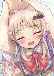 1boy 1girl :d ^_^ arms_up bat_hair_ornament blush bow brown_hair capelet closed_eyes commentary_request facing_viewer fang grey_skirt hair_ornament headpat little_busters! maruma_(maruma_gic) noumi_kudryavka open_mouth plaid_clothes plaid_skirt pleated_skirt red_bow short_sleeves signature skirt smile solo_focus white_capelet