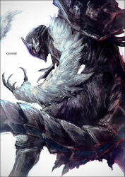 1boy artist_name ascot black_coat bondrewd claws coat commentary_request from_behind helm helmet jacket k-suwabe made_in_abyss male_focus red_eyes simple_background solo standing tail white_background white_hair