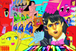 1boy abstract ac-bu_(style) artist_name blue_eyes blue_jacket bow brain grimace hair_dryer hair_ornament hairclip highres holding holding_hair_dryer jacket long_hair multiple_views nijisanji open_mouth parody pink_bow plaid_clothes plaid_skirt skirt surreal touoh tsukino_mito virtual_youtuber x-ray