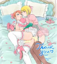 2boys anal bed black_corset black_thighhighs blonde_hair blue_eyes bouquet bow corset crossdressing dress earrings flower frilled_dress frilled_gloves frilled_panties frilled_shirt frilled_thighhighs frills garter_straps gloves high_heels jewelry lemicon lingerie medium_hair multiple_boys negligee orange_hair original panties panties_around_one_ankle petals pink_dress pink_gloves pink_negligee pink_panties pink_shirt pink_shoes rose rose_petals shirt shoes thighhighs trap underwear unworn_panties white_panties white_thighhighs yaoi
