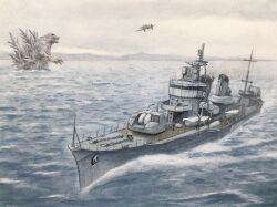Rule 34 | atelier bono, cloud, cloudy sky, destroyer, dinosaur, godzilla, godzilla (series), godzilla minus one, highres, ijn yukikaze, imperial japanese navy, j7w shinden, kaiju, military vehicle, ocean, original, sea monster, ship, sky, toho, traditional media, warship, watercraft, waves, yukikaze (destroyer)