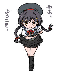 Rule 34 | 1girl, apron, beret, black shoes, black skirt, black socks, bowing, braid, butler bowing, closed mouth, commentary request, crossed legs, deformed, frilled skirt, frilled sleeves, frills, full body, grey apron, grey hat, hachiban ramen, hachiban ramen uniform, hair ornament, hat, katsuragi izumi, kneehighs, link! like! love live!, long hair, love live!, low twin braids, miniskirt, official alternate costume, official alternate hairstyle, orange eyes, puffy short sleeves, puffy sleeves, shinanoya (satanicad), shirt, shoes, short sleeves, simple background, skirt, smile, socks, solo, split mouth, triangle hair ornament, twin braids, v-shaped eyebrows, very long hair, virtual youtuber, watson cross, white background, white shirt