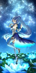 1girl blue_dress braid braided_bangs breasts clothing_cutout commentary_request dancing detached_sleeves dress earrings feather_hair_ornament feathers flower from_side full_body gold_shoes gold_trim grey_hair hair_ornament high-low_dress high_heels highres hololive hololive_indonesia jewelry kito_koruta large_breasts long_dress long_hair night night_sky outdoors pavolia_reine pavolia_reine_(1st_costume) see-through_clothes see-through_sleeves shoes side_ponytail sideboob sky sleeveless sleeveless_dress solo standing standing_on_liquid standing_on_one_leg star_(sky) starry_sky stomach_cutout thighhighs very_long_hair virtual_youtuber wavy_hair white_sleeves white_thighhighs
