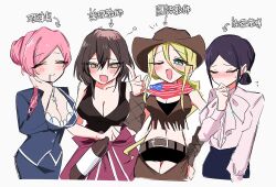 4girls american_flag black_hair blonde_hair bonnouji_momoha bottle breasts choppy_bangs cleavage cow_girl cowboy_shot female_focus hanazono_hahari highres holding holding_bottle kimi_no_koto_ga_dai_dai_dai_dai_daisuki_na_100-nin_no_kanojo large_breasts mature_female mi_ga morikita_kimari multiple_girls navel parted_bangs pink_hair sidelocks simple_background trait_connection translation_request upper_body white_background yamato_nadeshiko_(hyakkano)