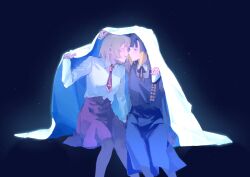 2girls blonde_hair blue_eyes closed_eyes hashtag-only_commentary highres hololive hololive_english imminent_kiss multiple_girls ninomae_ina&#039;nis ninomae_ina&#039;nis_(casual) official_alternate_costume official_alternate_hairstyle parted_lips purple_hair remy_kon tentacle_hair under_covers virtual_youtuber watson_amelia watson_amelia_(1st_costume) yuri