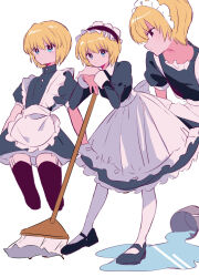 1boy alternate_costume androgynous apron black_dress black_shirt blonde_hair blue_eyes bob_cut broom bucket bucket_spill cropped_legs crossdressing dress enmaided expressionless flats frilled_apron frills full_body highres hunter_x_hunter juliet_sleeves kurapika leaning_on_broom long_sleeves looking_at_viewer looking_to_the_side maid maid_headdress male_focus multiple_views puffy_short_sleeves puffy_sleeves sanamaru_(sana79261827) shirt short_hair short_sleeves simple_background socks spill thighhighs white_apron white_background white_socks wrist_cuffs