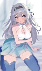 Rule 34 | 1girl, aqua dress, aqua thighhighs, blue ribbon, blush, breasts, brown hairband, cleavage, collared dress, dress, firefly (honkai: star rail), gradient eyes, green pupils, grey hair, hair between eyes, hair intakes, hair ornament, hair ribbon, hairband, highres, honkai: star rail, honkai (series), kneeling, large breasts, long hair, multicolored eyes, nuuuukoame, pout, ribbon, solo, sweatdrop, thick thighs, thighhighs, thighs