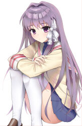 1girl blue_skirt bow brown_shoes clannad crossed_arms frown fujibayashi_kyou glazearty highres hikarizaka_private_high_school_uniform long_hair looking_at_viewer pleated_skirt purple_eyes purple_hair ribbon school_uniform shoes sitting skirt socks thighs white_background white_bow white_ribbon white_socks