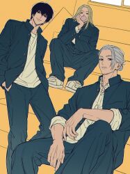 Rule 34 | 3boys, adam&#039;s apple, arm on knee, arm on thigh, black eyes, black jacket, black pants, blonde hair, bored, buttons, chewing gum, closed mouth, covered mouth, dutch angle, elbows on thighs, expressionless, forehead, from below, gakuran, grey hair, hair bun, hair slicked back, hand on own chin, hands in pockets, head rest, highres, indoors, jacket, kuroiisana, light smile, long hair, looking at viewer, lower lip only, male focus, multiple boys, nagumo (sakamoto days), open clothes, open jacket, pants, popped collar, sakamoto days, sakamoto taro, school uniform, shirt, shishiba (sakamoto days), shoes, short hair, single hair bun, sitting, sitting on stairs, sleeves rolled up, sneakers, stairs, straight hair, white shirt, white shoes, window, yellow background