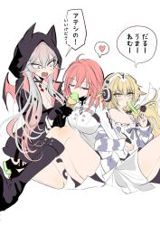 Rule 34 | 3girls, black gloves, black hands, black hoodie, blonde hair, blush, boots, breasts, closed eyes, colored extremities, demon wings, dress, eating, fangs, fate/grand order, fate (series), food, food in mouth, fujimaru ritsuka (female), fujimaru ritsuka (female) (decisive battle chaldea uniform), gloves, headphones, highres, holding, holding food, holding ice cream, holding popsicle, hood, hoodie, ice cream, jeanne d&#039;arc (fate), kauderni01356, knee boots, lilith (fate), lilith (first ascension) (fate), long hair, metatron jeanne (fate), metatron jeanne (second ascension) (fate), multiple girls, open mouth, orange hair, popsicle, popsicle in mouth, short hair, sitting, speech bubble, translation request, twintails, white background, white dress, white hair, wings, yellow eyes