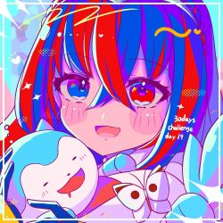1girl blue_eyes blue_fur blue_hair crossed_bangs female_alear_(fire_emblem) fire_emblem fire_emblem_engage heterochromia highres long_hair looking_at_viewer multicolored_hair nintendo red_eyes red_hair smile sommie_(fire_emblem) split-color_hair tiara two-tone_fur two-tone_hair u_fe white_fur