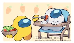 among_us border bowl carrot_print chair crewmate_(among_us) disembodied_hand facing_to_the_side feeding food food_print full_body holding holding_bowl kiman no_humans orange_background salad sitting spacesuit standing watermark white_(among_us) white_border yellow_(among_us)