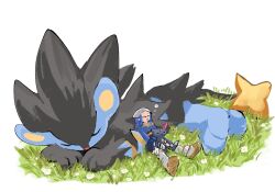 1girl akari_(pokemon) alpha_pokemon alternate_costume black_fur blue_hair blush_stickers brown_footwear creatures_(company) flower game_freak gen_2_pokemon gen_4_pokemon headscarf holding holding_pokemon leaning_on_animal luxray nintendo on_grass pokemon pokemon_(creature) pokemon_legends:_arceus sahau228 sandals simple_background sitting sitting_on_lap sitting_on_person sleeping sneasel snout squeans teeth upper_teeth_only white_background white_flower white_headscarf
