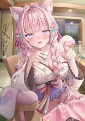 Rule 34 | 1girl, absurdres, animal ears, antenna hair, architecture, blunt bangs, blush, bow, braid, braided twintails, breasts, chair, choko (cup), choppy bangs, commentary request, cup, detached sleeves, drunk, east asian architecture, fisheye, floral print, floral print kimono, flower, frilled kimono, frilled sleeves, frills, hair flower, hair ornament, hakama, hakama skirt, hakui koyori, hakui koyori (new year), hexagon hair ornament, highres, hololive, indoors, japanese clothes, kanzashi, kimono, large breasts, long hair, long sleeves, looking at viewer, low twin braids, low twintails, no panties, official alternate costume, official alternate hairstyle, on chair, pink bow, pink hair, pink hakama, pink nails, pink sash, pink skirt, pleated skirt, pointing, pointing at viewer, print kimono, purple eyes, sash, sitting, skirt, sleeveless, sleeveless kimono, solo, spill, tail, tatami, tokkuri, twin braids, twintails, virtual youtuber, waist bow, white kimono, wolf ears, wolf girl, wolf tail, yuge (setsura)
