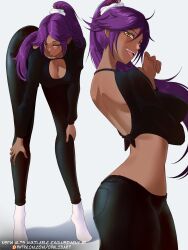 1girl artist_name black_pants bleach breasts dark-skinned_female dark_skin female_focus hair_ornament hands_on_own_knees highres large_breasts long_hair opalis open_mouth pants patreon_username ponytail purple_hair shihouin_yoruichi simple_background socks stretching teeth tongue yellow_eyes