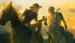 Rule 34 | 2boys, beanie, beard, bird, blonde hair, blue eyes, bottle, bridal gauntlets, brown hat, brown pants, commentary, cowboy hat, cup, facial hair, goggles, goggles on headwear, green lips, green theme, gyro zeppeli, hat, heart ornament, highres, holding, holding bottle, holding cup, holding reins, hood, hood down, hoodie, horse, horseback riding, horseshoe hat ornament, horseshoe ornament, johnny joestar, jojo no kimyou na bouken, long hair, makeup, male focus, mask, mug, multiple boys, pants, purple shirt, reins, riding, saddlebags, shirt, short sleeves, slow dancer (jojo), spurs, star (symbol), star print, steel ball run, sunset, valkyrie (jojo), viola256009, white hoodie, wine bottle, wristband