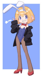 1girl alice_margatroid animal_ears black_jacket blonde_hair blue_background blue_eyes blush bow bowtie breasts brown_pantyhose collar commentary cookie_(touhou) detached_collar fake_animal_ears full_body grin high_heels highres jacket leotard open_clothes open_jacket pantyhose playboy_bunny pyukasshori rabbit_ears red_bow red_bowtie red_shoes sharp_teeth shoes short_hair simple_background small_breasts smile solo standing strapless strapless_leotard taisa_(cookie) teeth touhou two-tone_background white_background white_collar