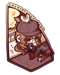 Rule 34 | 1girl, bag, black bag, brick floor, brown eyes, brown hair, brown jacket, chibi, creature on head, faux figurine, full body, glasses, grey hat, hat, highres, inori (xuanxori), jacket, long hair, looking at creature, low ponytail, melania (reverse:1999), ms. acey, pantyhose, ponytail, railing, red pantyhose, red shoes, reverse:1999, shoes, shoulder bag, solo