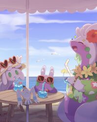 &gt;_&lt; ^_^ artist_name beach blue_sky bow bracelet chair cherry closed_eyes cloud cocktail cup dragon_star213 drinking drinking_glass drinking_straw evolutionary_line eyewear_on_head floral_print flower flower_bracelet flower_necklace flying food fruit gen_3_pokemon gen_6_pokemon goodra goomy green_eyes green_shirt hair_flower hair_ornament hat hat_bow heart heart-shaped_eyewear hibiscus highres holding holding_cup horizon ice ice_cube jewelry lemon lemon_slice necklace nintendo ocean on_table open_mouth outdoors parasol pink_flower pokemon print_shirt red-framed_eyewear red_flower sand shadow shirt sky sliggoo slime_(substance) smile sparkle standing straw_hat sunglasses table twitter_username umbrella under_umbrella white_bow white_flower wingull yellow_flower