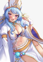 absurdres blue_hair breasts cleavage dress gloves hat highres iris_mysteria! large_breasts looking_at_viewer navel olivie_cromwright open_mouth purple_eyes ribbon sahara1127 white_background white_dress white_gloves white_hat yellow_ribbon