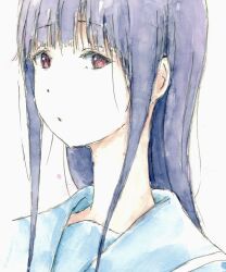 1girl :o absurdres bbmasa black_hair blue_sailor_collar blunt_bangs commentary hibike!_euphonium highres liz_to_aoi_tori long_hair looking_at_viewer portrait red_eyes sailor_collar solo traditional_media yoroizuka_mizore