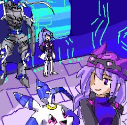 armor belt chaosdukemon crescent_moon digimon digimon_(creature) digimon_story:_sunburst_and_moonlight digital_hazard goggles goggles_on_head hat julia_(digimon) looking_at_another lunamon moon plasmi purple_hair ribbon sayo_(digimon) smile