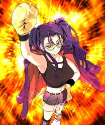 1girl arm_up black_leg_warmers black_tank_top boxing_gloves breasts closed_mouth commentary_request grey_shorts hand_on_own_hip highres jacket jacket_on_shoulders large_breasts leg_warmers long_hair midriff navel odo-chan_(ado) odo_(song) ohiyaglass open_clothes open_jacket purple_jacket shorts solo sunglasses tank_top tinted_eyewear twintails white-framed_eyewear white_leg_warmers yellow-tinted_eyewear